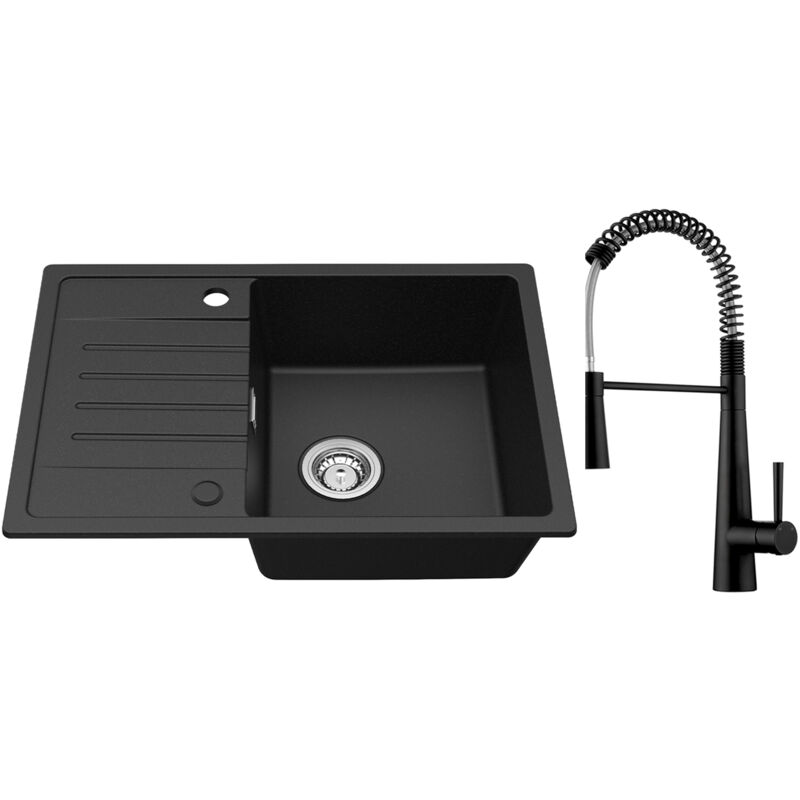 foto del prodotto lavello cucina con gocciolatoio nero 65 x 45 cm lavello incasso due sensi di installazione miscelatore da cucina a molla con 3 tipi di spruzzo, nero