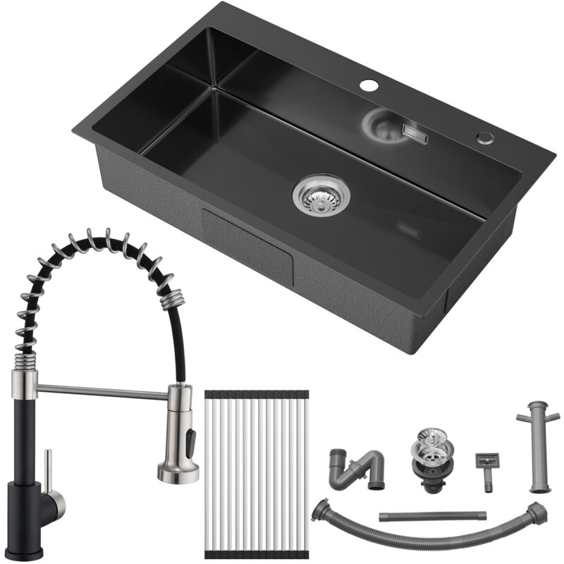 foto del prodotto lavello cucina in acciaio inox 75 x 45 cm lavello da incasso nero grigio alta pressione 2 tipi di getto molla a spirale nero rubinetto cucina