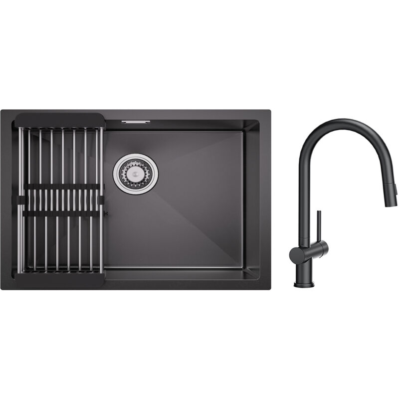 foto del prodotto lavello cucina inox 1 vasca 60 44cm con cestello scarico miscelatore cucina con doccetta estraibile con 2 getti nero