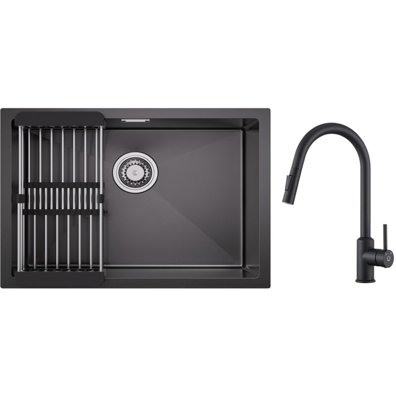 immagine 0 del prodotto lavello cucina inox 1 vasca 60 44cm con cestello scarico miscelatore cucina con doccetta estraibile girevole 360 nero