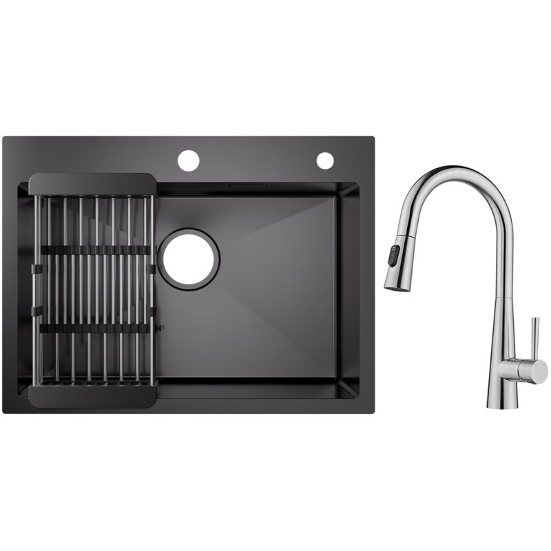 foto del prodotto lavello cucina nero 1 vasca 60 45 cm con cestello di scarico miscelatore cucina con doccetta estraibile, 3 modalit di uscita acqua, spazzolato