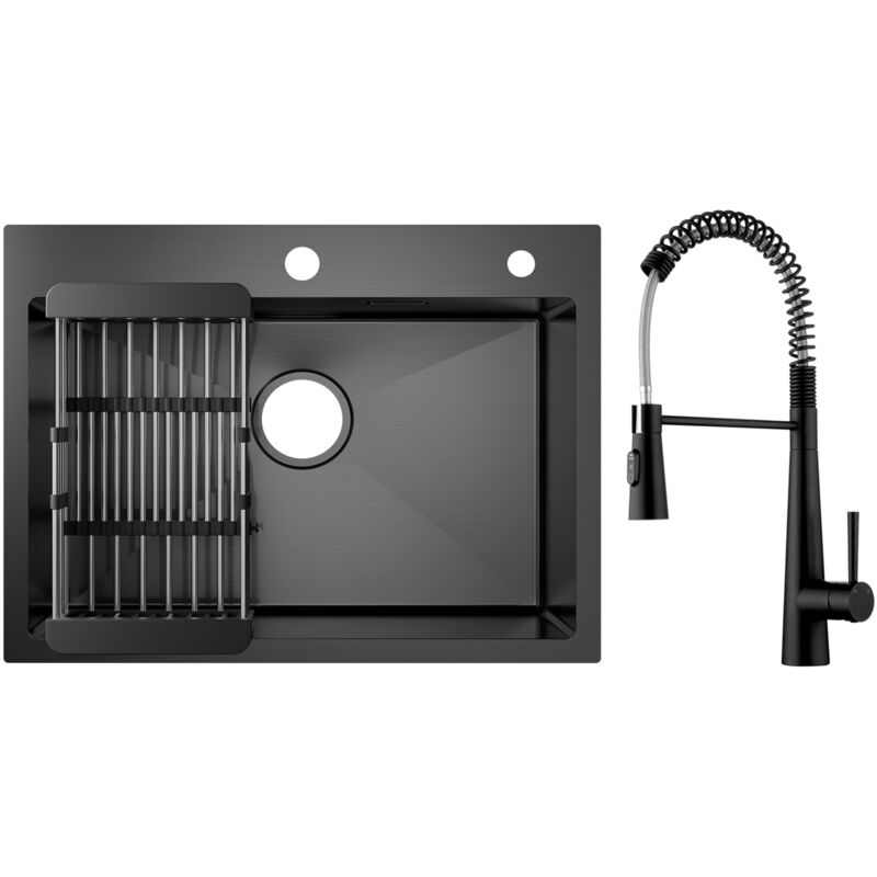 foto del prodotto lavello cucina nero 1 vasca 60 45 cm con cestello di scarico miscelatore da cucina a molla con 3 tipi di spruzzo, nero