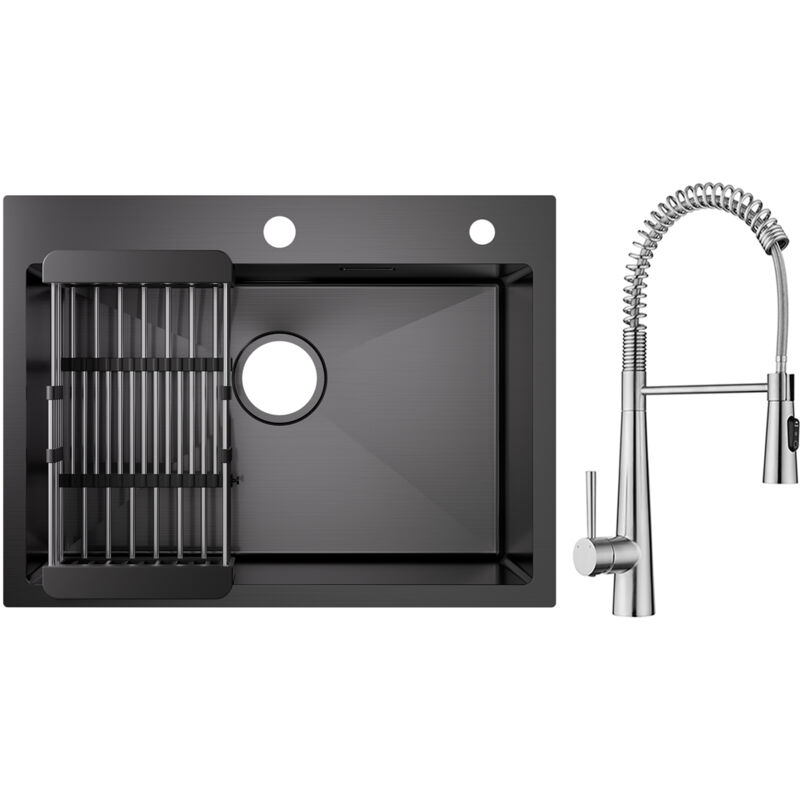 immagine 0 del prodotto lavello cucina nero 1 vasca 60 45 cm con cestello di scarico miscelatore da cucina a molla con 3 tipi di spruzzo, spazzolato