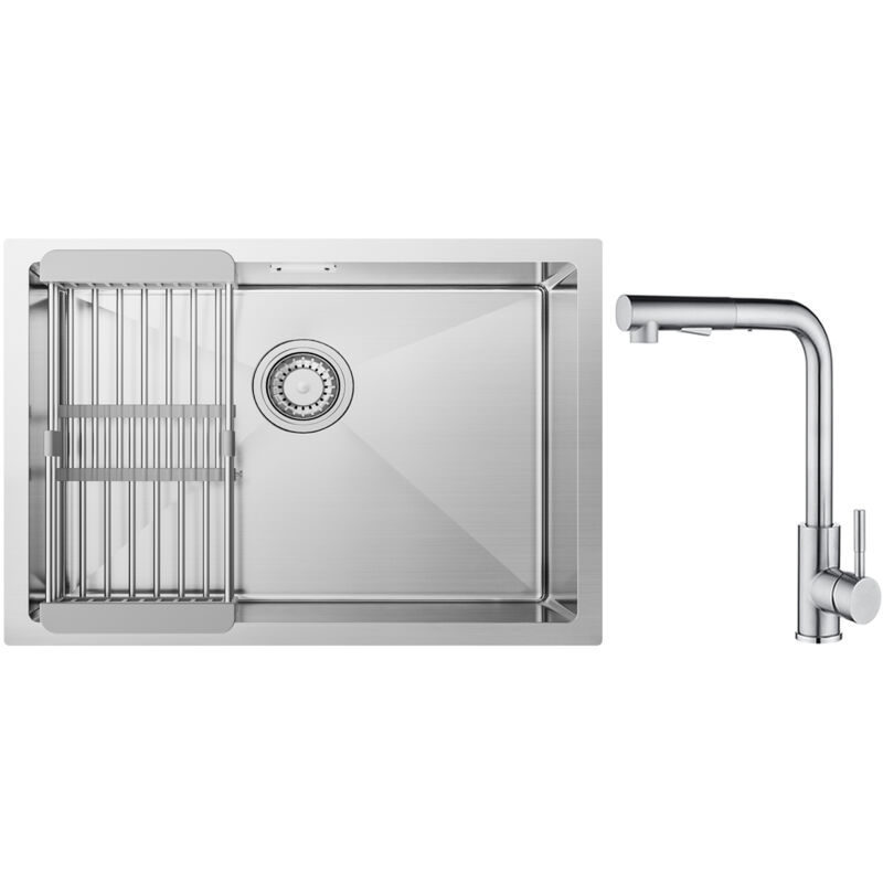 foto del prodotto lavello cucina spazzolato 1 vasca con cestello scarico 60 44 cm miscelatore cucina spazzolato con doccetta estraibile 2 getti
