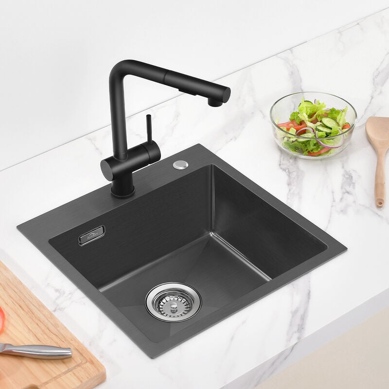 foto del prodotto lavello da cucina 1 vasca 45 x 45 cm acciaio inox spazzolato rubinetto da cucina estraibile girevole a 360 miscelatore monocomando lavello,7 form