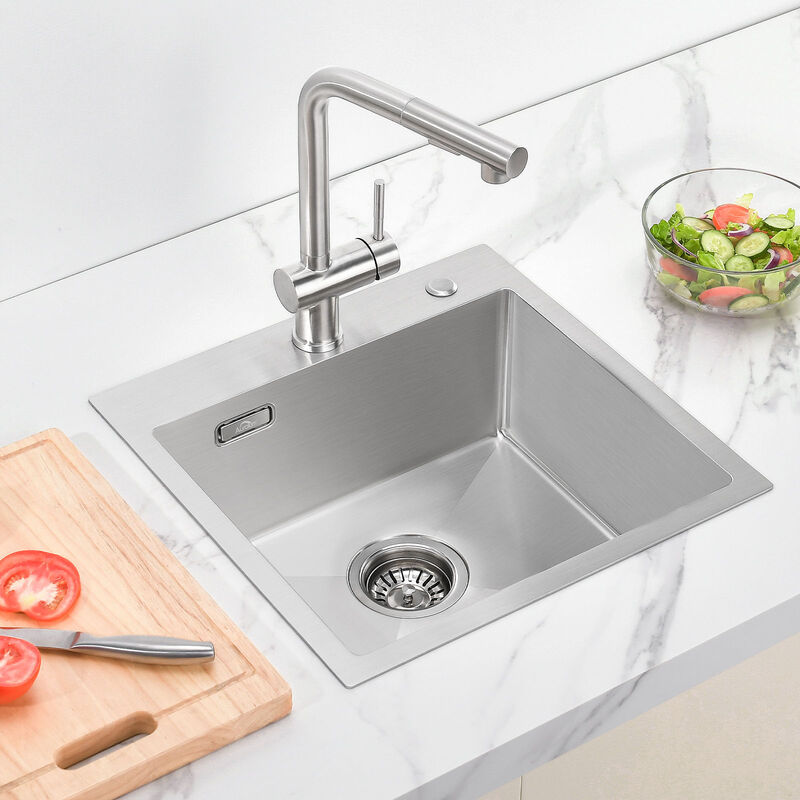 foto del prodotto lavello da cucina 1 vasca 45 x 45 cm in acciaio inox rubinetto da cucina estraibile girevole a 360 miscelatore monocomando lavello, 7 form