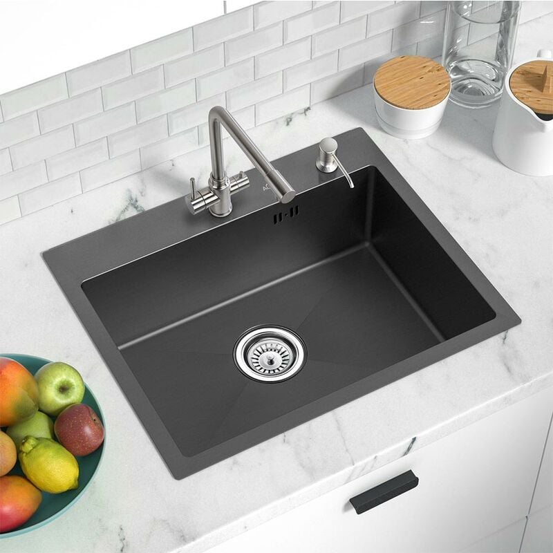 foto del prodotto lavello da cucina 1 vasca 55 x 45 cm in acciaio inox, lavandino incasso quadrato con 300ml dispenser di sapone e sifone, da appoggio o filotop,
