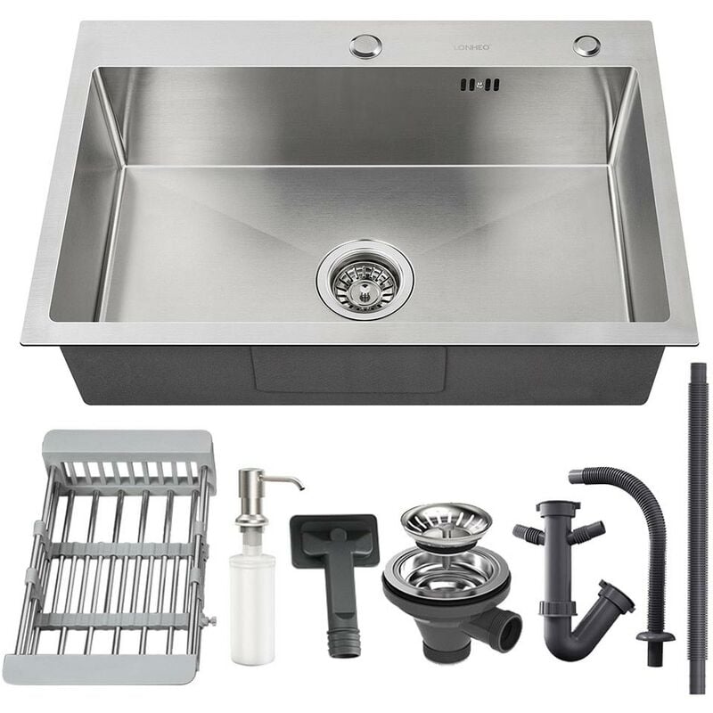 foto del prodotto lavello da cucina 1 vasca 68 x 45 cm lavorato a mano lavello incasso vasca singola in acciaio inox con erogatore di sapone e cestello regolabile
