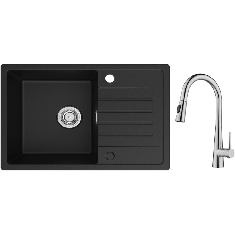 foto del prodotto lavello da cucina 1 vasca con gocciolatoio, lavello da cucina in quarzo e resina 78x45 cm, lavello nero di grande capacit miscelatore da cucina