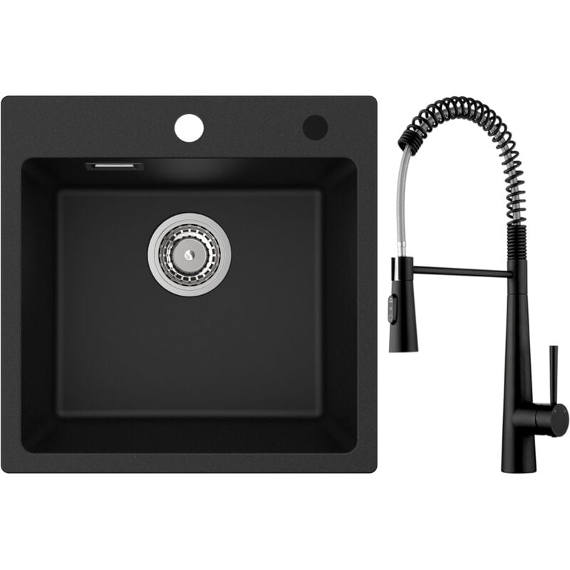 foto del prodotto lavello da cucina 1 vasca in quarzo e resina 45x45 cm lavello da cucina ad incasso 1 vasca miscelatore da cucina a molla con 3 tipi di spruzzo, nero