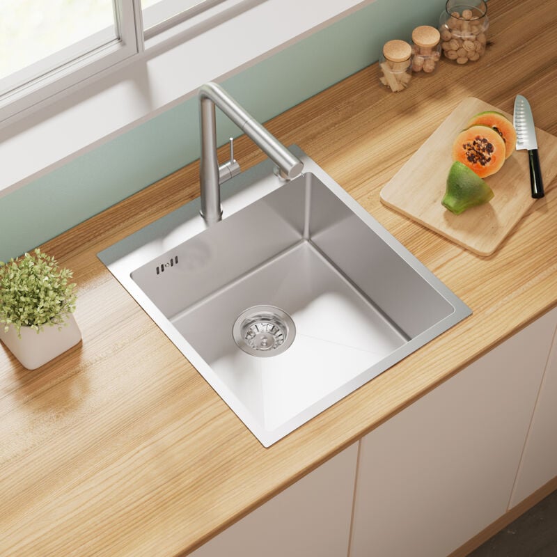 foto del prodotto lavello da cucina 44 x 49 cm in acciaio inox lavello da incasso con 2 fori di montaggio set di scarico dispenser di sapone, argento