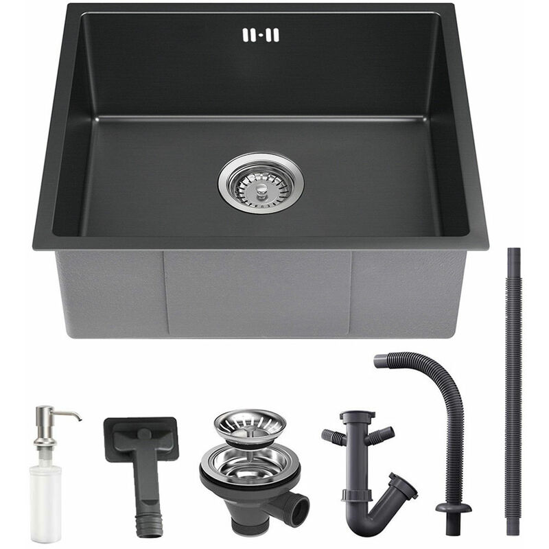 foto del prodotto lavello da cucina 50x43cm in acciaio inox, grigio scuro, lavello incasso vasca singola con dispenser di sapone e sifone, da appoggio, incassoda o