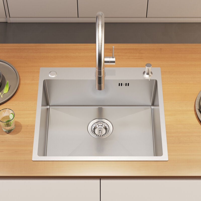 foto del prodotto lavello da cucina 54 x 49 cm in acciaio inox lavello da incasso con 3 fori di montaggio set di scarico dispenser di sapone, argento