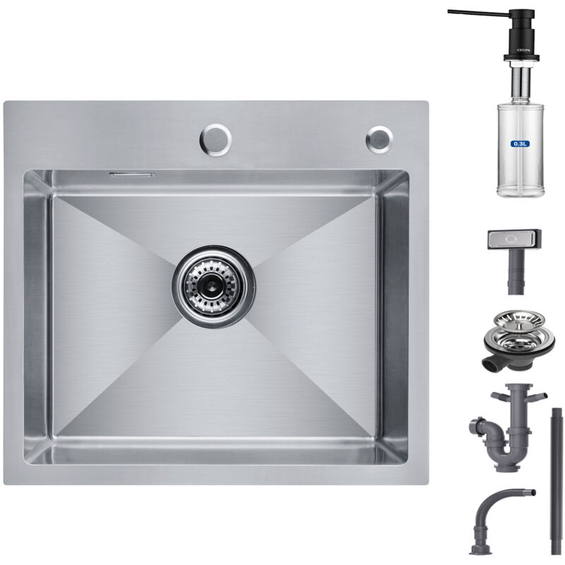 foto del prodotto lavello da cucina a una vasca, lavello da cucina 50 x 45 x 18,5 cm, lavello da cucina quadrato in acciaio inox spazzolato dosatore di sapone nero