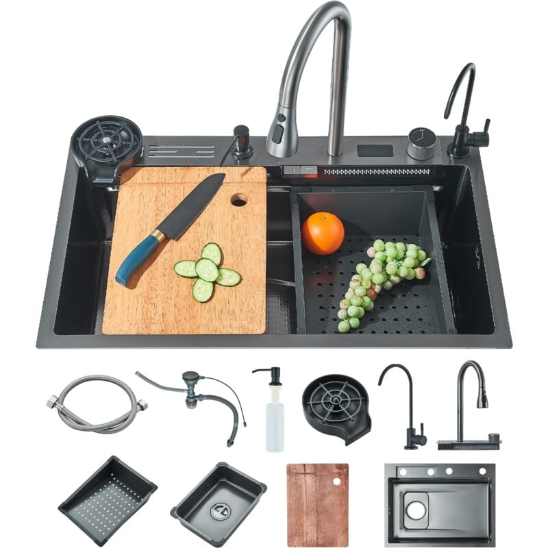 foto del prodotto lavello da cucina a vasca singola smart drop in lavello da cucina 304 in acciaio inox a vasca singola, lavello workstation gun gray con accessori