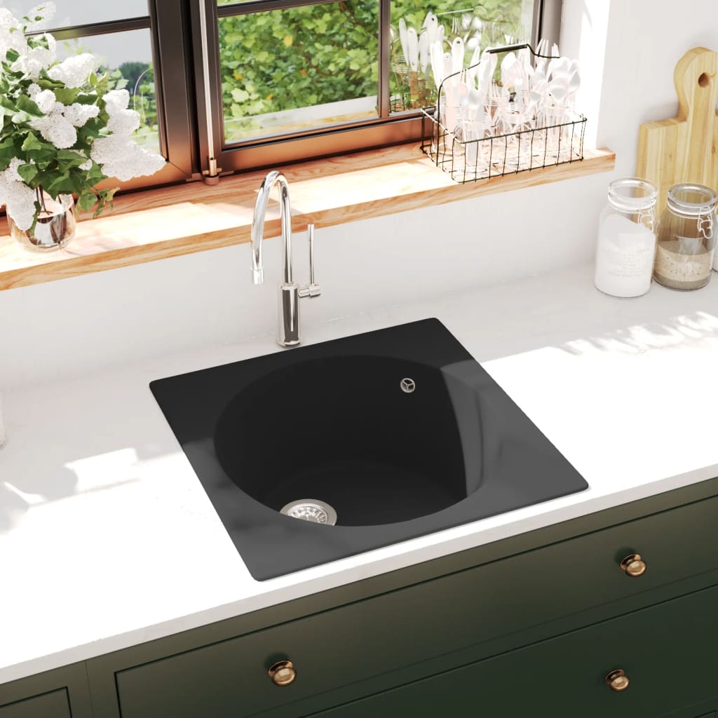 foto del prodotto lavello da cucina con foro troppopieno nero in granito cod mxl 43566