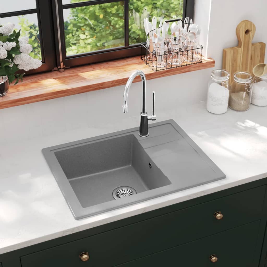 foto del prodotto lavello da cucina con foro troppopieno ovale grigio in granito vidaxl