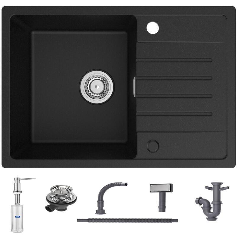 foto del prodotto lavello da cucina con gocciolatoio nero 65 x 45 cm lavello sottotop due direzioni di installazione dispenser di sapone da 300 ml spazzolato