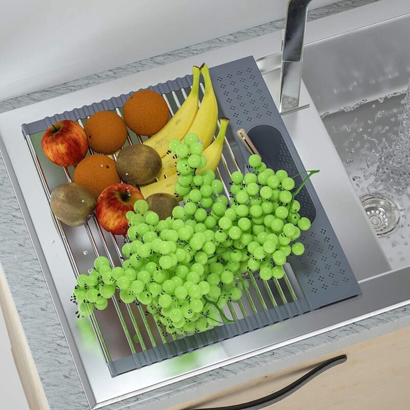 foto del prodotto lavello da cucina con scolapiatti arrotolabile struttura in acciaio inossidabile per cucina grigio scuro