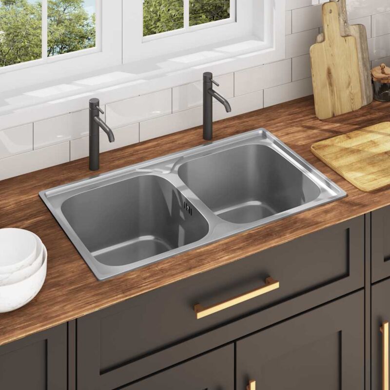 foto del prodotto lavello da cucina doppio con filtro e sifone in acciaio inox vidaxl