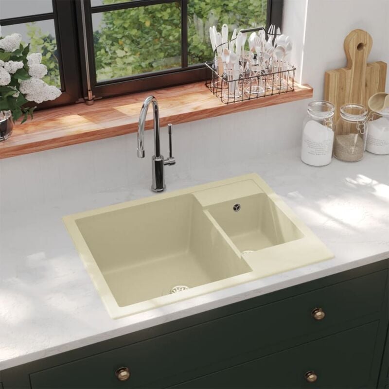 foto del prodotto lavello da cucina doppio con foro troppopieno in granito 58x44x17 cm vari colori colore beige