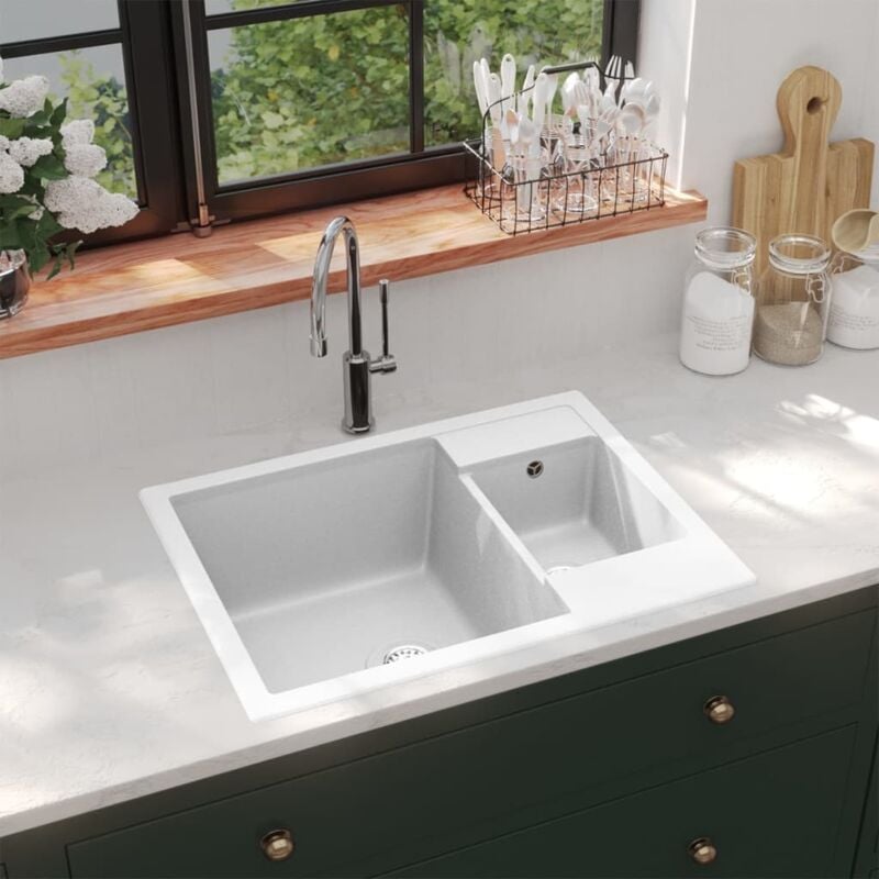 foto del prodotto lavello da cucina doppio con foro troppopieno in granito 58x44x17 cm vari colori colore bianco