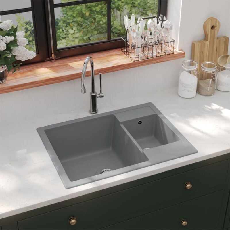 foto del prodotto lavello da cucina doppio con foro troppopieno in granito 58x44x17 cm vari colori colore grigio