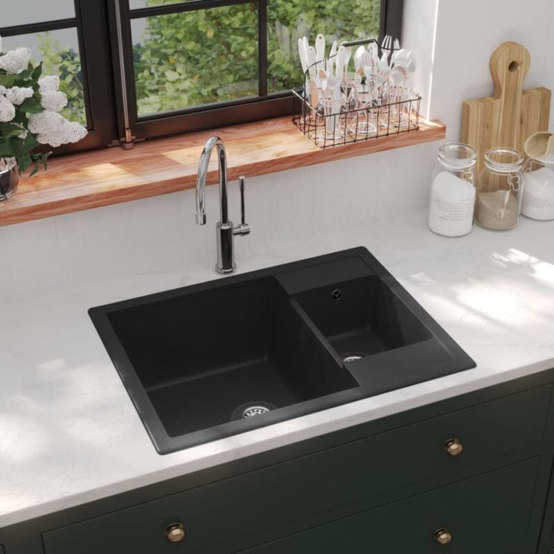 foto del prodotto lavello da cucina doppio con foro troppopieno in granito 58x44x17 cm vari colori colore nero