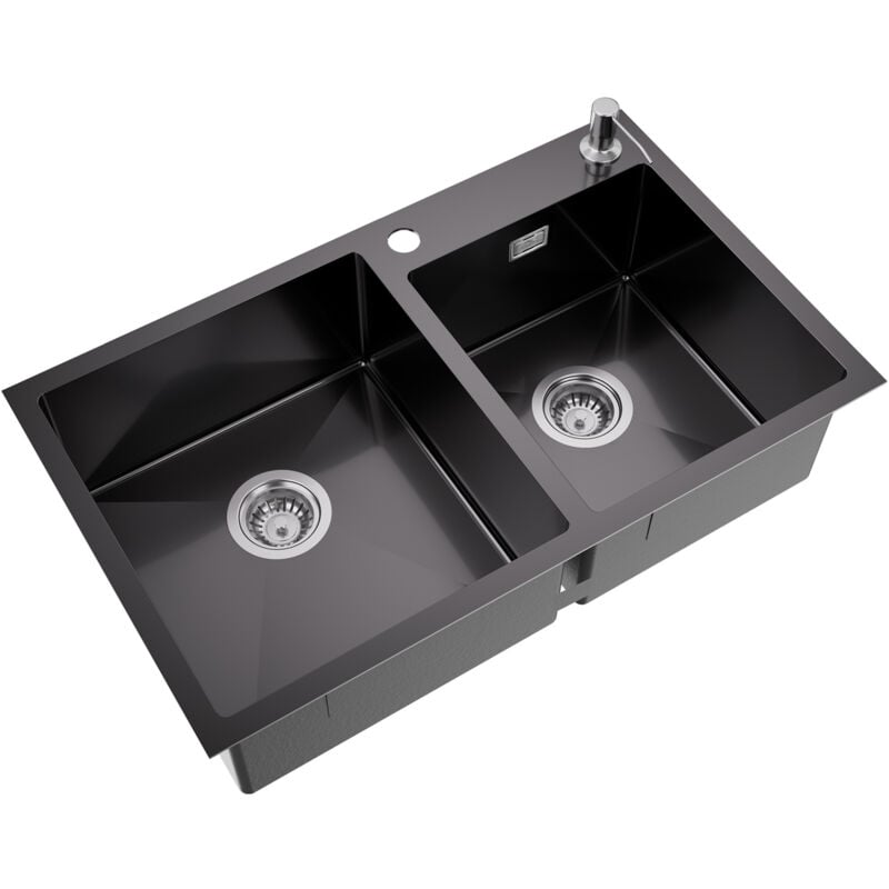 foto del prodotto lavello da cucina grigio scuro 75x45 cm lavello incasso 2 vasca in acciaio inox lavandino cucina con dispenser per sapone 300 ml, troppopieno e sifone