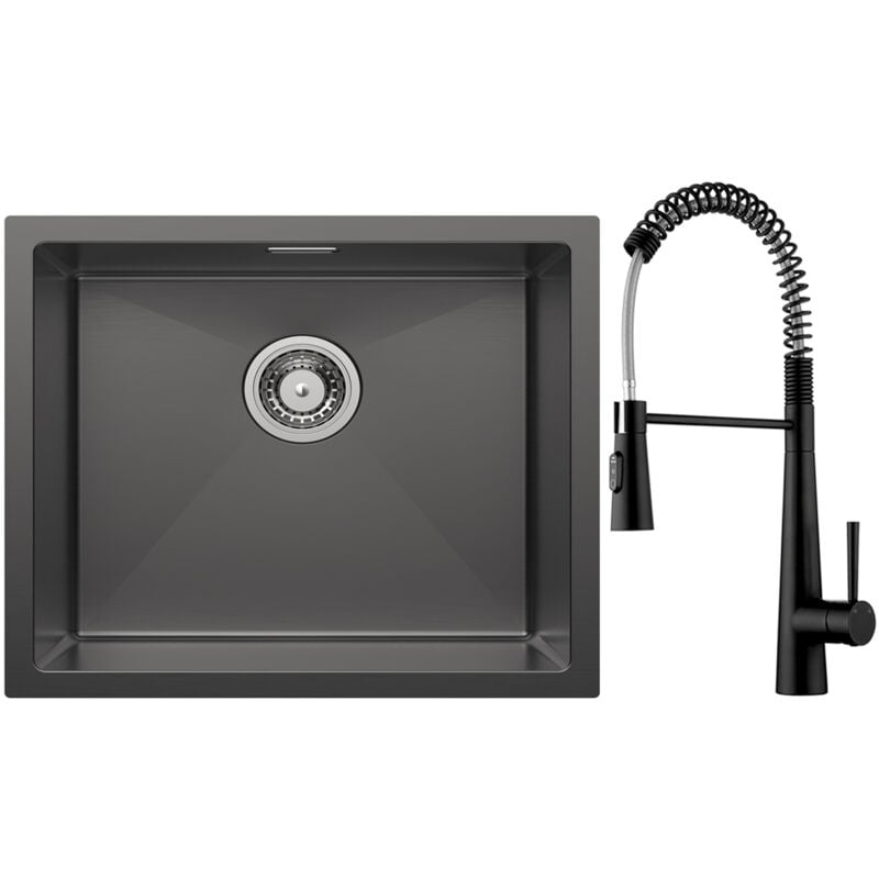 foto del prodotto lavello da cucina in acciaio inossidabile nero 50 44 cm a 1 vasca miscelatore da cucina a molla con 3 tipi di spruzzo, nero