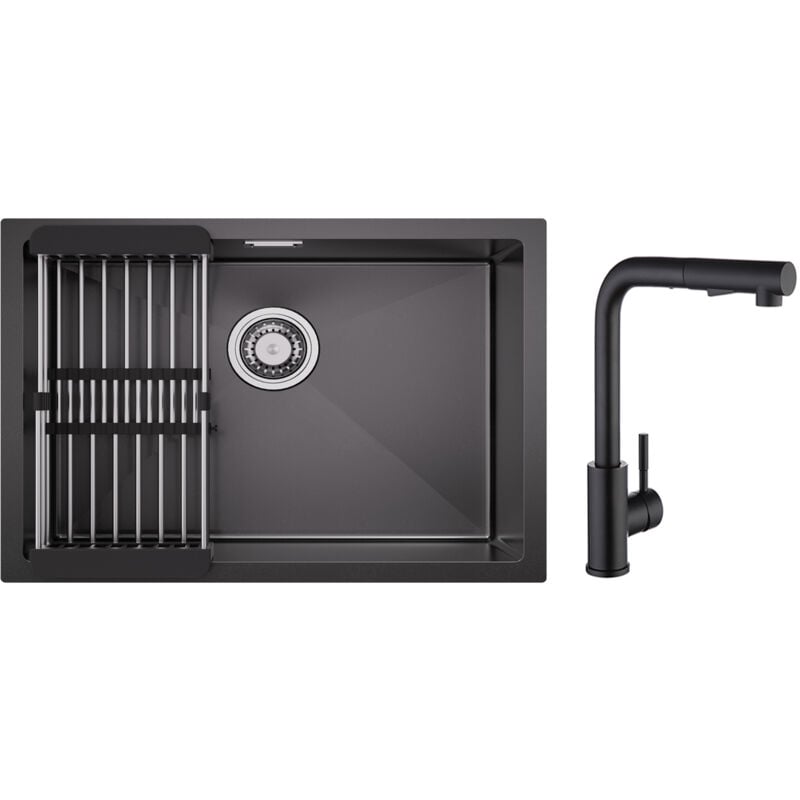 immagine 0 del prodotto lavello da cucina in acciaio inox 1 vasca 60 44cm con cestello di scarico miscelatore cucina nero con doccia estraibile 2 modalit di getto