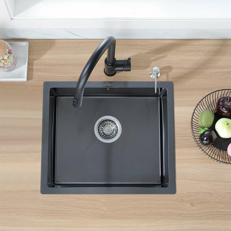 foto del prodotto lavello da cucina in acciaio inox, 50x43cm lavandino cucina con 300ml dispenser di sapone e sifone, lavello quadrato da appoggio, incassoda o filotop
