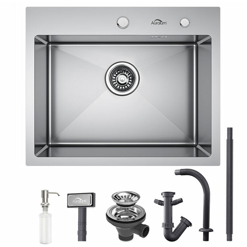 foto del prodotto lavello da cucina in acciaio inox 55x45cm, lavandino cucina quadrato, lavello incasso da appoggio o filotop, con dispenser di sapone e sifone