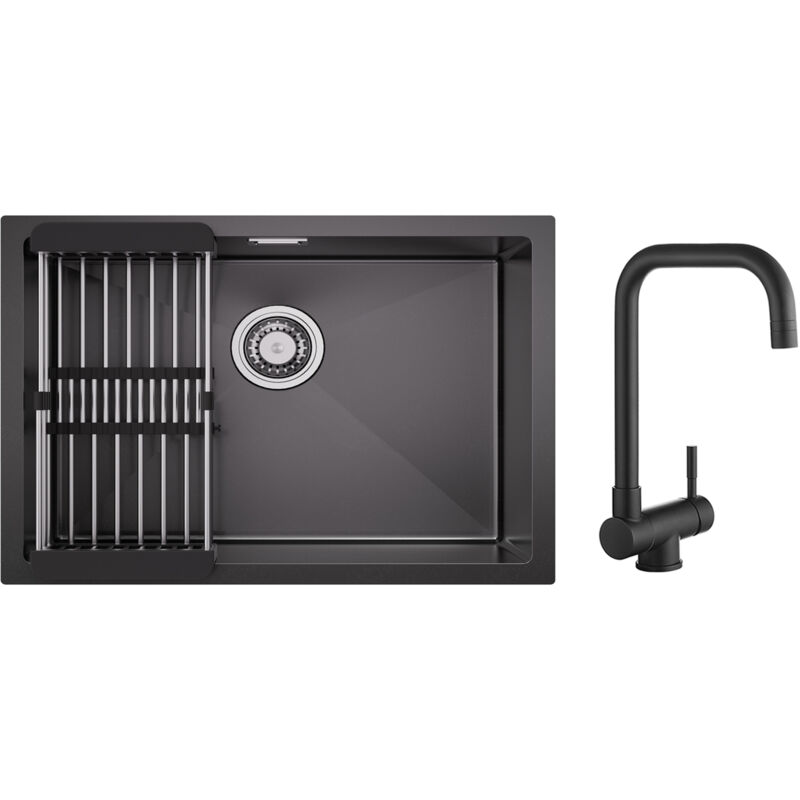 foto del prodotto lavello da cucina in acciaio inox 60 44 cm con cestello di scarico miscelatore pieghevole miscelatore sottofinestra miscelatore pieghevole nero
