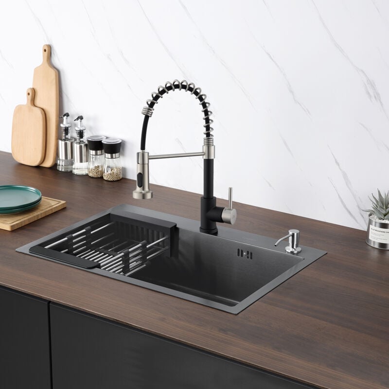 foto del prodotto lavello da cucina in acciaio inox 68 x 45 cm lavello da incasso per mobile base da 80 cm, grigio scuro rubinetto cucina nero con molla a spirale