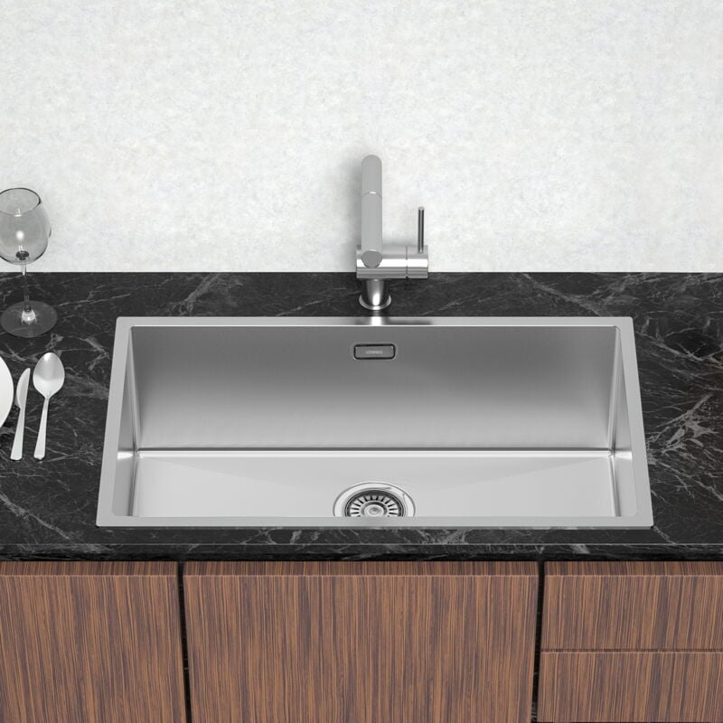 foto del prodotto lavello da cucina in acciaio inox 74x44cm lavandino incasso vasca singola, lavello quadrato a una vasca con troppopieno e set di sifoni, da appoggio