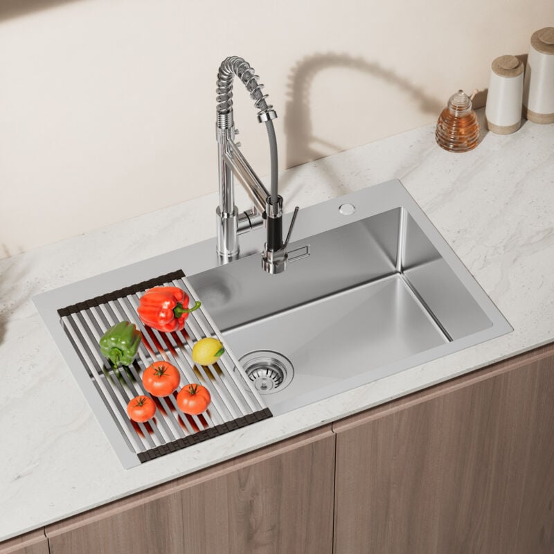 foto del prodotto lavello da cucina in acciaio inox 75 x 45 cm, grande lavello da incasso, lavello da cucina per mobili base da 80 cm, incluso set di scarico,