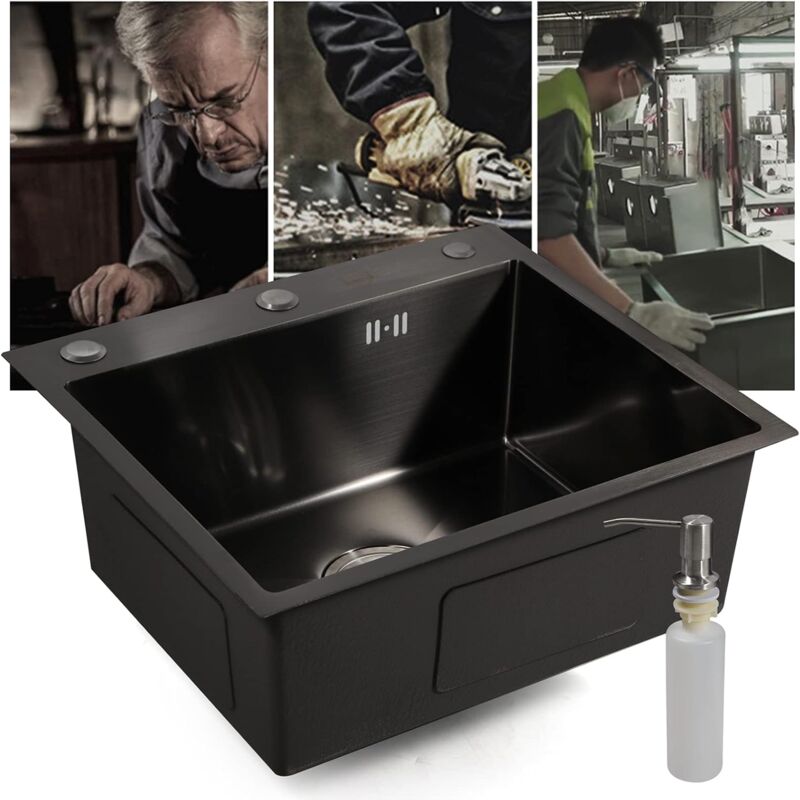 foto del prodotto lavello da cucina, in acciaio inox, nero, 50 x 45 cm, con scolapiatti, senza rubinetto