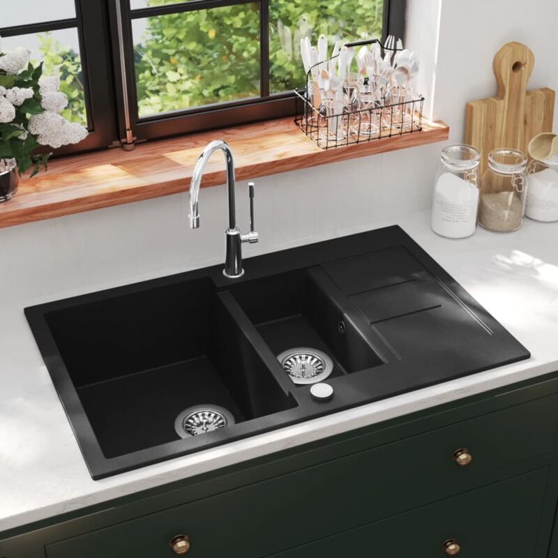 foto del prodotto lavello da cucina in granito vasca doppia filtro incluso vari colori colore nero