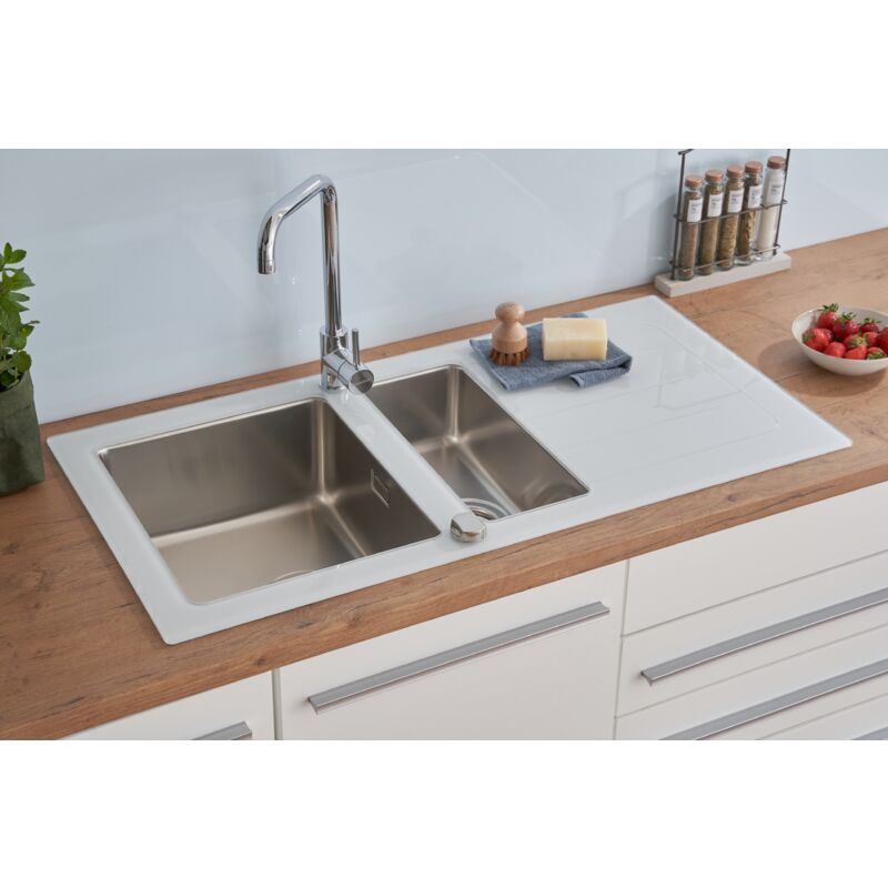foto del prodotto lavello da cucina lavello da incasso in vetro lavello in acciaio inox 100 x 50 bianco respekta new york
