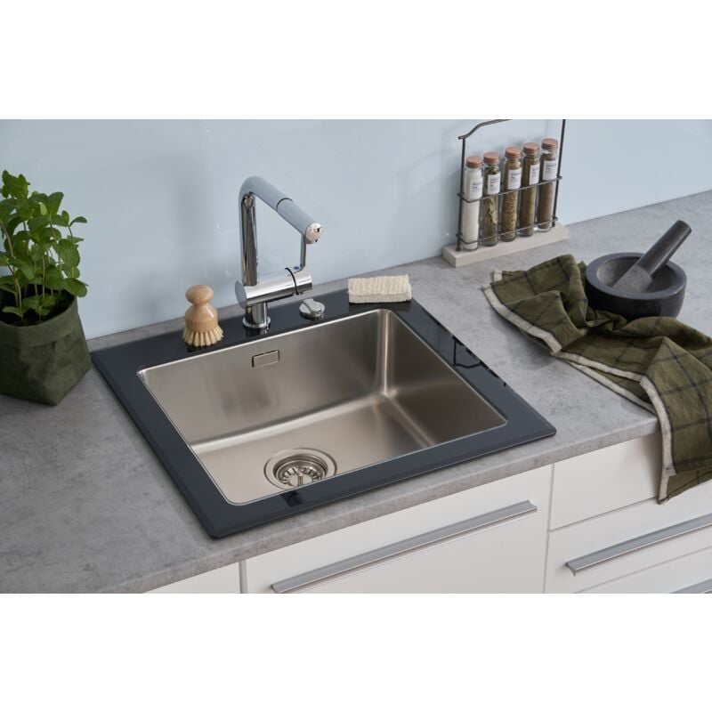 foto del prodotto lavello da cucina lavello da incasso in vetro lavello in acciaio inox 55 x 53 nero respekta new york