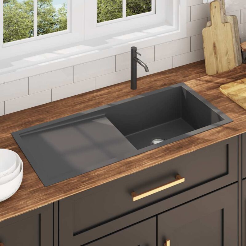 foto del prodotto lavello da cucina una vasca ,design moderno lavorato a mano nero in acciaio inox itd22207