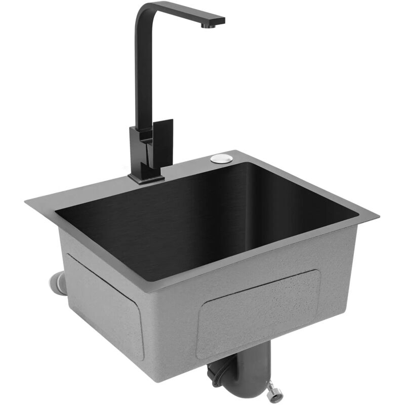 foto del prodotto lavello da incasso in acciaio inox con rubinetto, nero, 40x45 cm, lavello da cucina in granito per mobiletto, con rubinetto da cucina girevole a