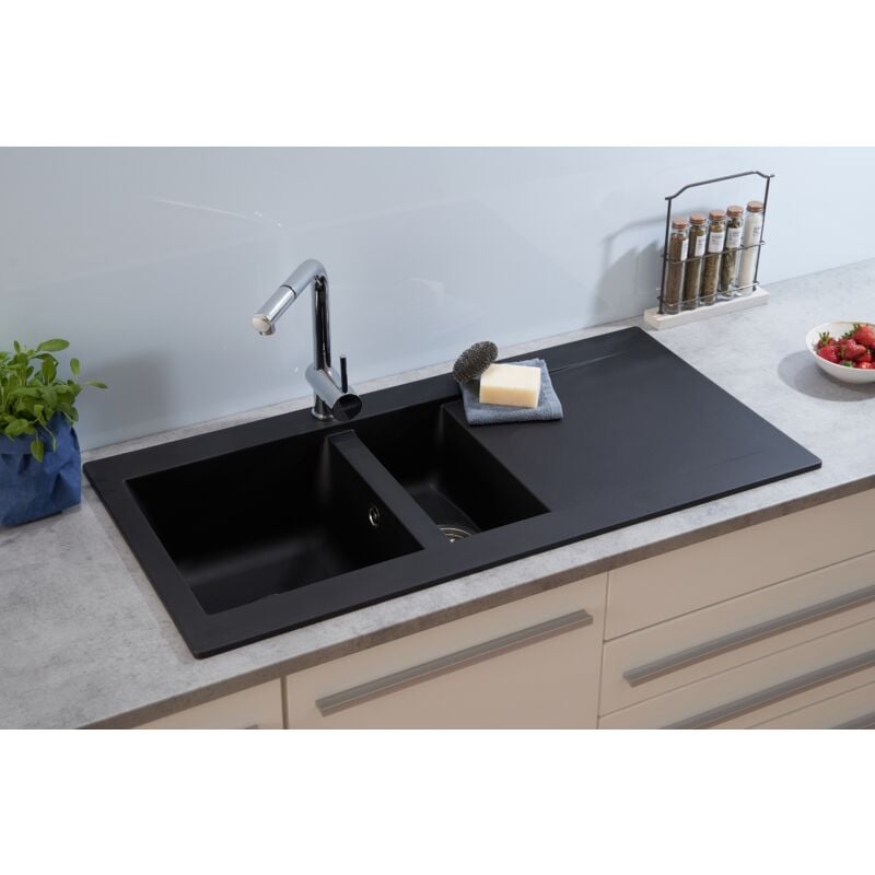 foto del prodotto lavello da incasso lavello da cucina granito mineralite 100 x 50 nero respecta denver