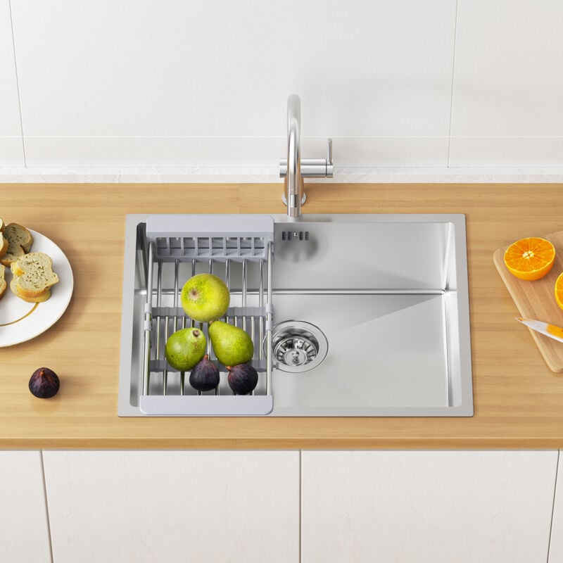 foto del prodotto lavello in acciaio inox 60 x 44 cm, lavello per basi a partire da 65 cm, lavello in acciaio inox, incluso cestello scolapiatti, argento