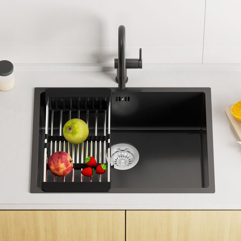 foto del prodotto lavello in acciaio inox 60 x 44 cm, lavello per basi da 65 cm, lavello in acciaio inox, con scolapiatti, antracite