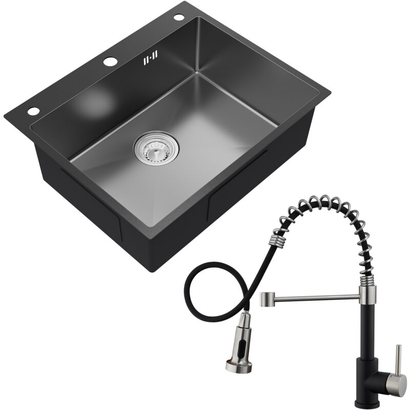 foto del prodotto lavello in acciaio inox 60 x 49 cm, antracite miscelatore da cucina a spirale estraibile, lavello per mobili da cucina da 65 cm e oltre