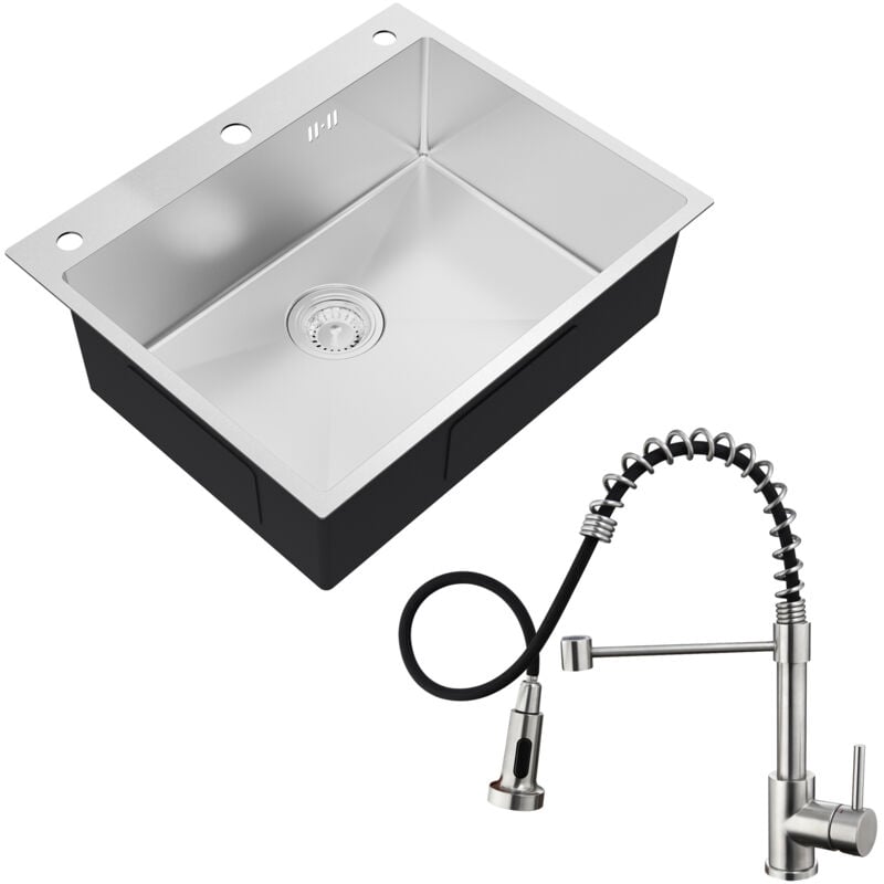 foto del prodotto lavello in acciaio inox 60 x 49 cm, argento rubinetto a spirale estraibile, lavello per mobili da cucina da 65 cm e oltre
