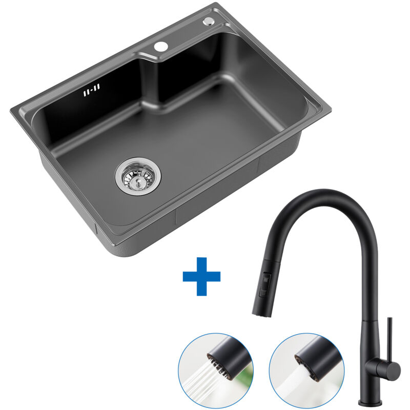 foto del prodotto lavello in acciaio inox 62 x 45 cm, antracite rubinetto estraibile, lavello per mobili da cucina da 65 cm e oltre