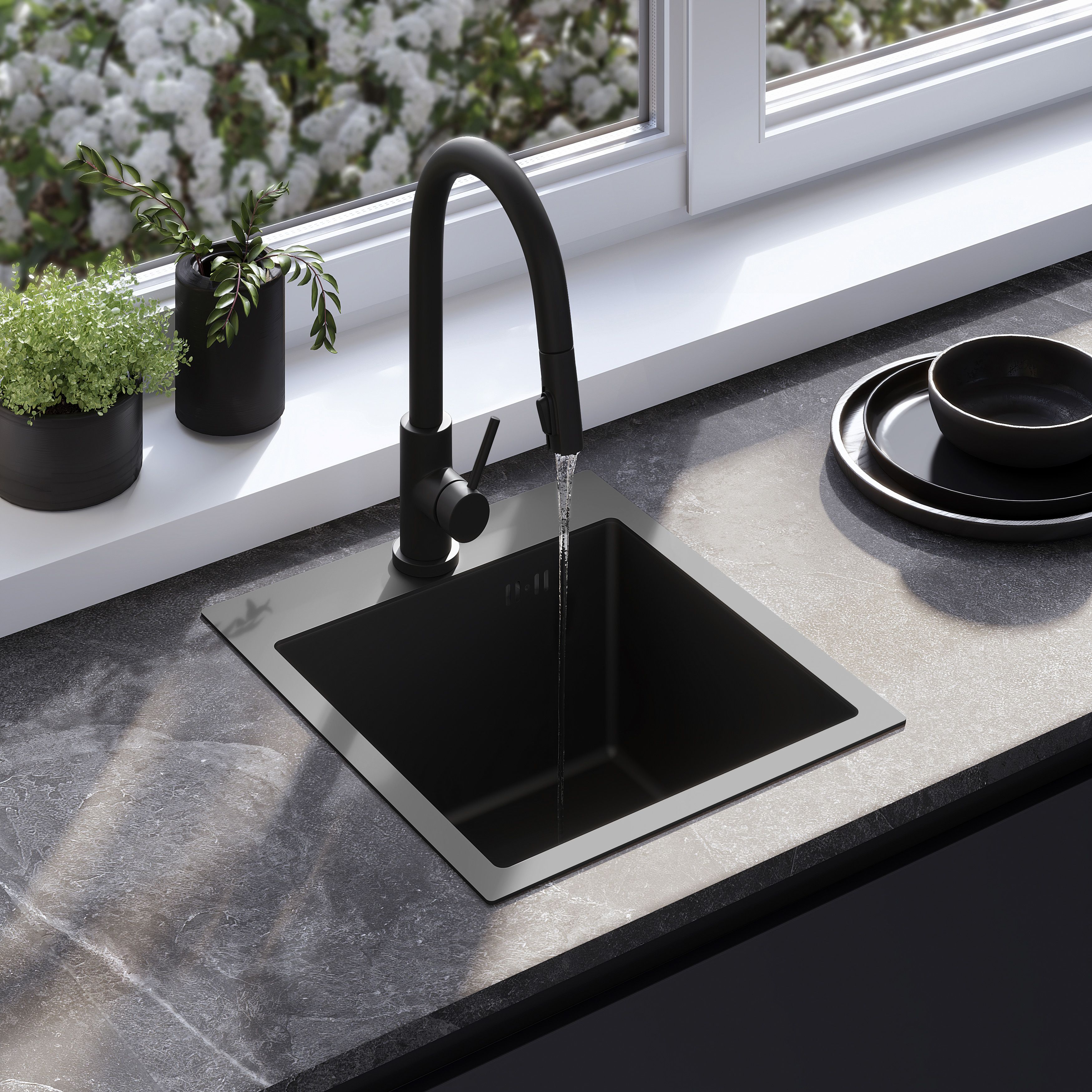 foto del prodotto lavello in acciaio leo 40 black con rubinetto da cucina